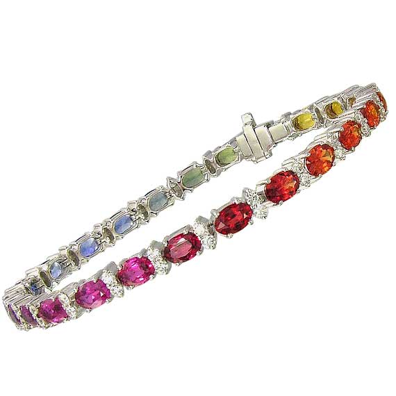 Rainbow Sapphire  Diamond 6x4mm Tennis Bracelet 18K White Gold (15 ...