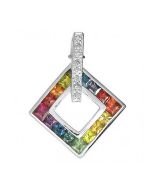 Rainbow Sapphire & Diamond Large Square Pendant 14K White Gold (2.07ct tw)