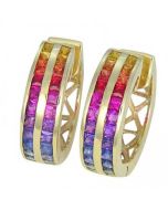Rainbow Sapphire Earrings Double Row Huggie 14K Yellow Gold (5ct tw) By:rainbowsapphirejewelers.com