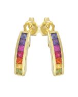 Rainbow Sapphire Earrings Hoop Huggie 14K Yellow Gold (1ct tw) By:rainbowsapphirejewelers.com