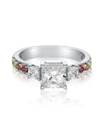 14K 18K Solid White Gold Ring Square Center Stone Simulated Diamond 6mm Natural Rainbow Sapphire Ring in Gold Band Wedding Engagement Elegant