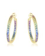 Rainbow Sapphire Earrings Channel Set Hoop Huggie 14K Yellow Gold (8.8ct tw) By:rainbowsapphirejewelers.com