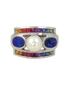 Rainbow Sapphire & Pearl with Australian Opal Ring 925 Sterling Silver (2.85ct tw) By:rainbowsapphirejewelers.com