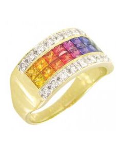 Rainbow Sapphire & Diamond Invisible Set Band Ring 18K Yellow Gold (2.25ct tw) - 6 US