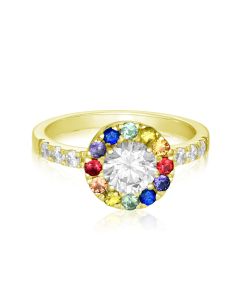Circle Rainbow Sapphire Ring w/ Simulated Diamond or Moissanite Engagement Wedding Ring in 14K 18K Solid Yellow Gold
