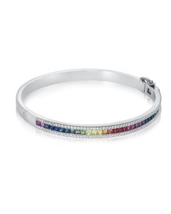 Modern Bangle Stack Ombre Gemstone High Polished Look Sapphire Solid Gold Bracelet 14K White Gold Single-Catch & Secure Lock Halo Bangle
