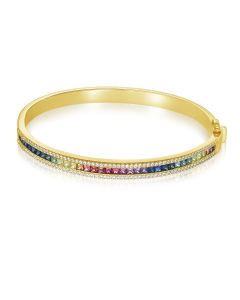 SLAYED DIAMOND Bangle Solid Bracelet Wide Hinge Lock Bangle with Natural Sapphire Ombre Color 14K Yellow Gold Everyday Glam