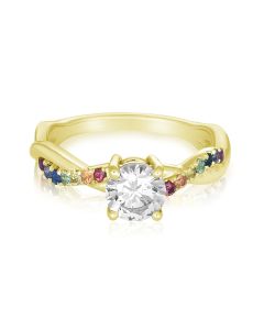 Yellow Gold 14K 18K Wedding Ring Simulated Diamond Natural Rainbow Sapphire Ring in Solid Gold Band