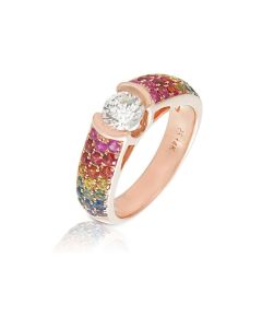 14K Rose Gold Stackable Ring Genuine Rainbow Sapphire 1.37 Carats Moissanite Centre Option