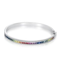 Ombre Sapphire Bangle & Cubic Zirconia Bracelet for Women Hinged Luxe-Boho Pave Solid Bangle in Silver