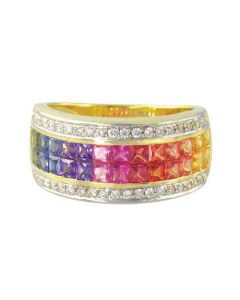 Rainbow Sapphire & Diamond Invisible Set Band Ring 14K Yellow Gold (4.3ct tw)