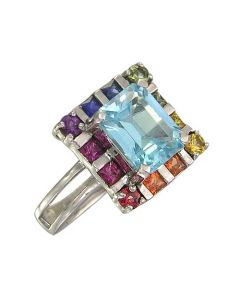 Rainbow Sapphire & Blue Topaz Rubix Cube Ring 925 Sterling Silver (3.26ct tw)