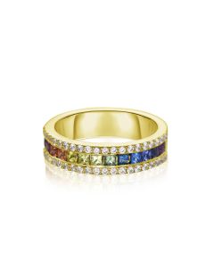 Yellow Gold Pave Diamond Rainbow Ring GOLDEN UNICORN 2.0mm Princess Cut Ombre Sapphire 0.65 Carats Formal Jewelry Professional Accessory