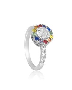 White Gold Engagement Ring Circle Rainbow Sapphire Ring w/ Simulated Diamond Wedding Ring in 14K 18K Solid Gold