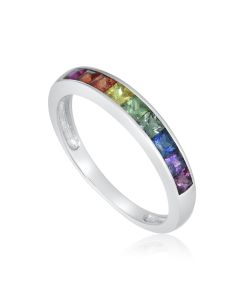 SILVER RAINBOW Unicorn Sapphire Ring Gemstone Made Ring in Solid Silver Band 2.5mm Princess Cut