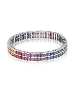 Sterling Silver Sapphire Stackable Bracelet Princess Cut 20 Carats Double Rainbow 2.8mm