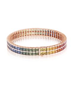 30 Carats Sapphire Bracelet in 14K Pink Gold 3.4mm Princess Cut Double Row Line Bracelet