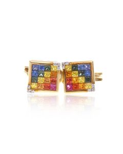 Rainbow Sapphire & Diamond Fancy Square 18K Gold Earrings (3.61ct tw)