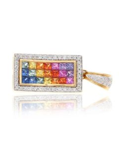 Rainbow Sapphire & Diamond Rectangle Pendant 18K Gold (3.68ct tw)