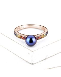 Pearl Birthstone Ring for Women 14K Rose Gold Tahitian Pearl Ring Natural Rainbow Sapphire