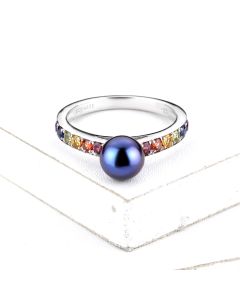 Blue Tahitian Pearl Ring in 14K White Gold Pave Sapphire Shank Cocktail Ring