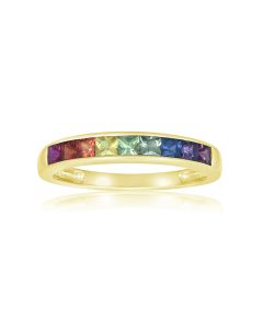 Rainbow Sapphire Half Eternity Band Ring 14K 18K Yellow Gold (1 Carat) Princess Cut 2.5mm