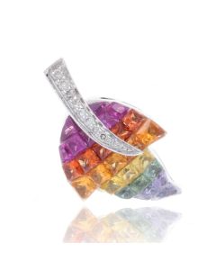 Rainbow Sapphire & Diamond Maple Leaf Pendant 18K Gold (3.66ct tw)