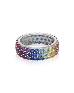 5 Carat 14K or 18K White Gold Rainbow Sapphire 3 Row Eternity Band Ring