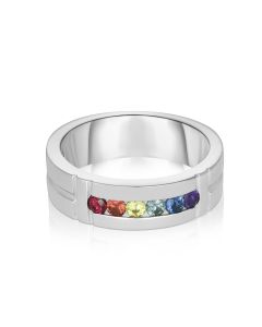Unisex Silver Wedding Ring Rainbow Sapphire 6 MM COMFORT BAND Solid 925 Sterling Silver Rhodium Plated