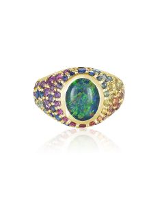 Rainbow Sapphire Opal Ring 14K 18K Yellow Gold Matching Couple Anniversary Ring