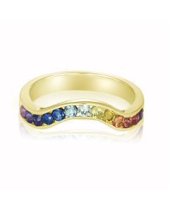 Rainbow Sapphire CHEVRON 2.0mm Ring Engagement Wedding Ring in 14K 18K Yellow Gold Solid Gold Ring
