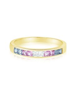 Pastel Sapphire Ring Half Eternity Channel Set Unisex Wedding Band 14K Yellow Gold Stackable Ring