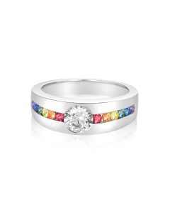 Flush Set Centre Engagement Ring in White Gold Sapphire Band | Moissanite D VVS Option