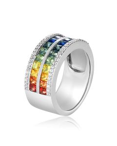 Cubic Zirconia Sapphire Ring Rainbow Statement Wedding Band in Sterling Silver