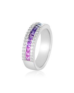 14K White Gold Gradual Color Sapphire Modern Glam Wedding Band Diamond Border