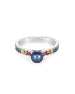 Sterling Silver Tahitian Pearl Ring Natural Rainbow Sapphire Princess Cut