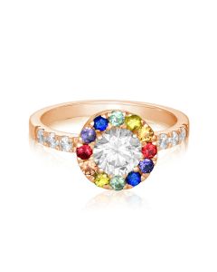 14K 18K Pink Gold Engagement Ring Circle Rainbow Sapphire Ring w/ Simulated Diamond Wedding Solid Gold Wedding Ring