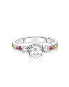 3 Simulated Diamond Centre & Rainbow Sapphire Accent Ring in 925 Sterling Silver