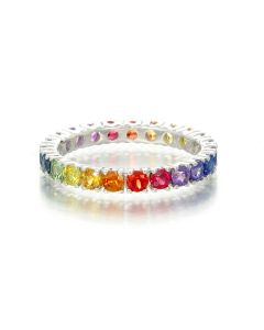 Rainbow Sapphire Pinky Ring Eternity Band 14K White Gold Stack Ring 2.4mm 2.14 Carats