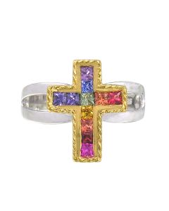 Rainbow Sapphire Crucifix Rings 18K GP and 925 Sterling Silver (0.8ct tw)