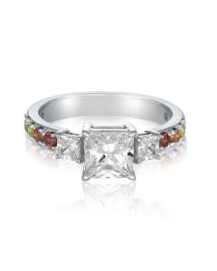 Triple Square Simulated Diamond Ring Natural Rainbow Sapphire Fashion Ring in 925 Sterling Silver Band Rhodium Plated