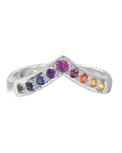 Rainbow Pride V Shape Chevron Ring in 925 Sterling Silver