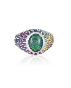 Matching Couple Wedding Ring Australian Opal Sapphire Ring Pave Rainbow Dome Gold Ring Unisex