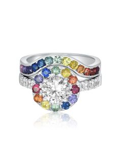 Ferris Wheel Silver Bridal Set Sapphire Halo Design Engagement Ring Set Sunflower Bling Cubic Zirconia Centre upgrade Moissanite