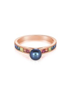 14K Rose Gold Tahitian Pearl Ring Rainbow Sapphire Princess 2mm 1 Carat Promise Ring