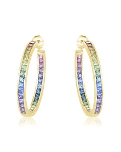 Rainbow Sapphire Earrings Channel Set Hoop Huggie 14K Yellow Gold (8.8ct tw) By:rainbowsapphirejewelers.com