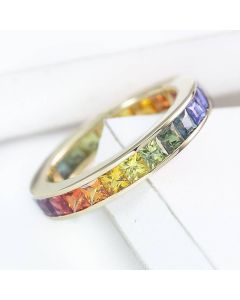 Multicolor Gemstones Full Eternity Band Women Matching Couples Wedding Band Natural Sapphire Channel Set Ring 14K Gold 6 Carat 3.5mm