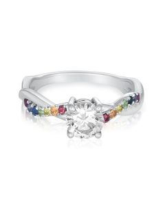 Simulated Diamond Wedding Ring Natural Rainbow Sapphire Ring in Solid Silver Weaved Band