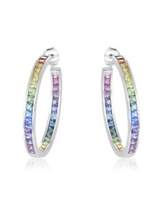Rainbow Sapphire Earrings Channel Set Hoop Huggie 14K White Gold (8.8ct tw) By:rainbowsapphirejewelers.com