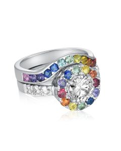 14K 18K Gold BLING Bridal Set Sapphire Diamond Sole Sun Inspired Halo Design Solid White Gold Engagement Ring Set